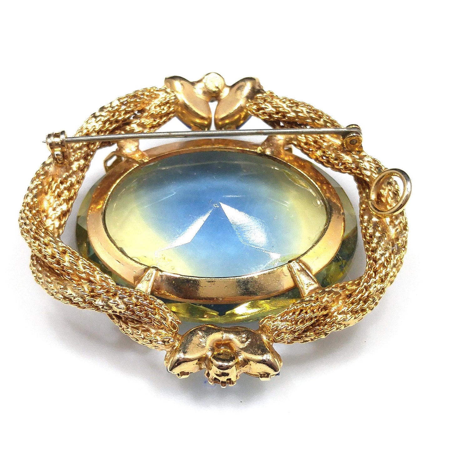 Large Glass Mesh Frame Brooch & Pendant, Gold Plated, 1960s Vintage Jewelry