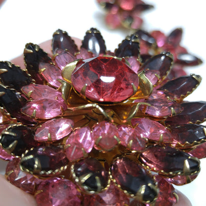 Vintage Celebrity Pink Purple Brooch & Earrings, 22K Gold Plated, 1940s