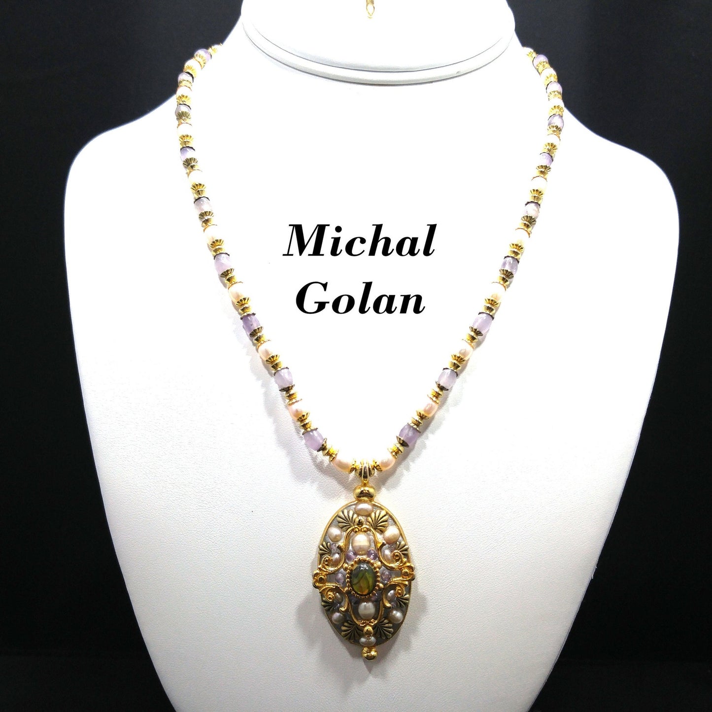 Michal Golan Amethyst Beaded Pendant Necklace, Faux Pearls, Artisan Vintage Jewelry