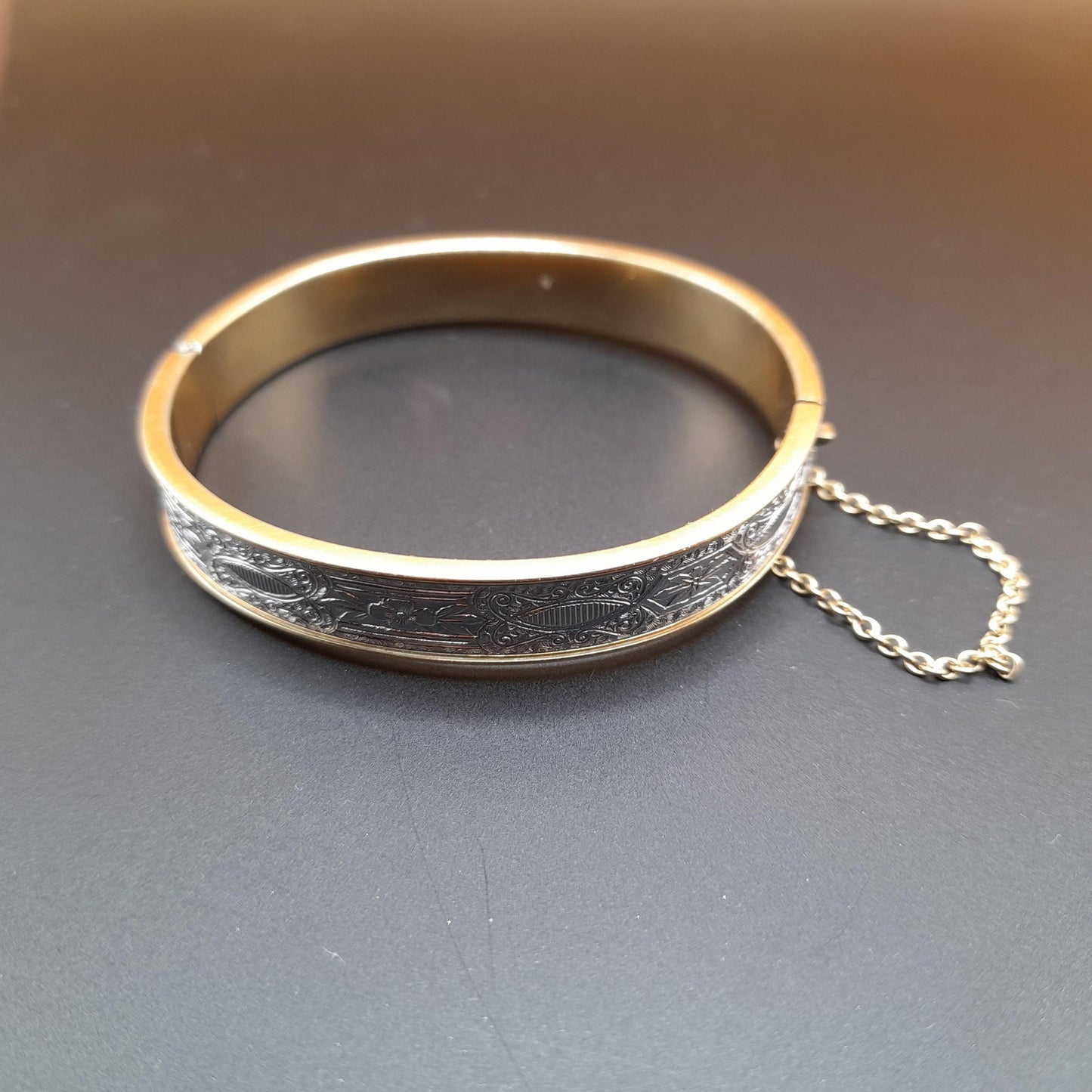 Krementz Hinged Bangle Bracelet, Rolled Gold Overlay, Two Toned, Safety Chain, 1950s Vintage Jewelry