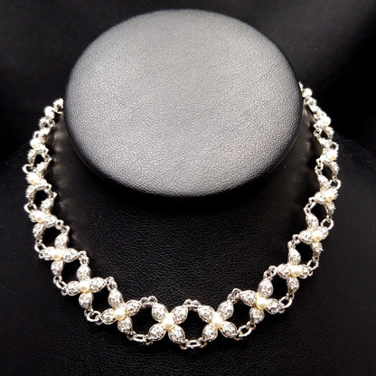 Vintage Swarovski Swan Logo Pearl Rhinestone Floral Choker Necklace 1990s