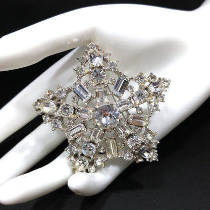 Vintage Clear Rhinestone Five Star Brooch, Heavily Rhodium Plated, 1950s Vintage Jewelry