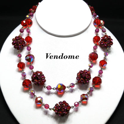 Vendome Red Crystal Necklace, Rhinestone Clusters, Two Strands, 1950s Vintage