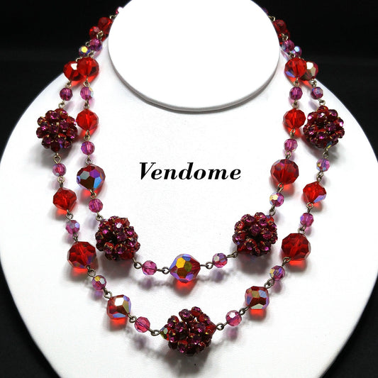 Vendome Red Crystal Necklace, Rhinestone Clusters, Two Strands, 1950s Vintage