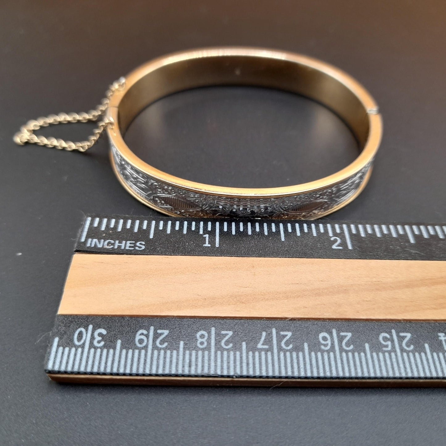 Krementz Hinged Bangle Bracelet, Rolled Gold Overlay, Two Toned, Safety Chain, 1950s Vintage Jewelry