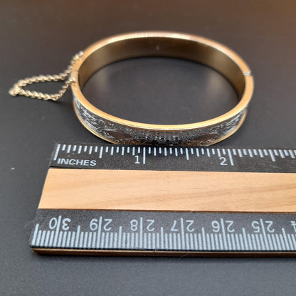 Krementz Hinged Bangle Bracelet, Rolled Gold Overlay, Two Toned, Safety Chain, 1950s Vintage Jewelry