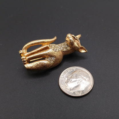 Eisenberg Pave Rhinestone Cat Brooch, Gold Plated, 1950s Vintage Jewelry
