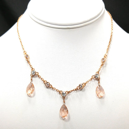 Givenchy Rose Gold Crystal Necklace – Three Drop Clear Rhinestones – Vintage Jewelry