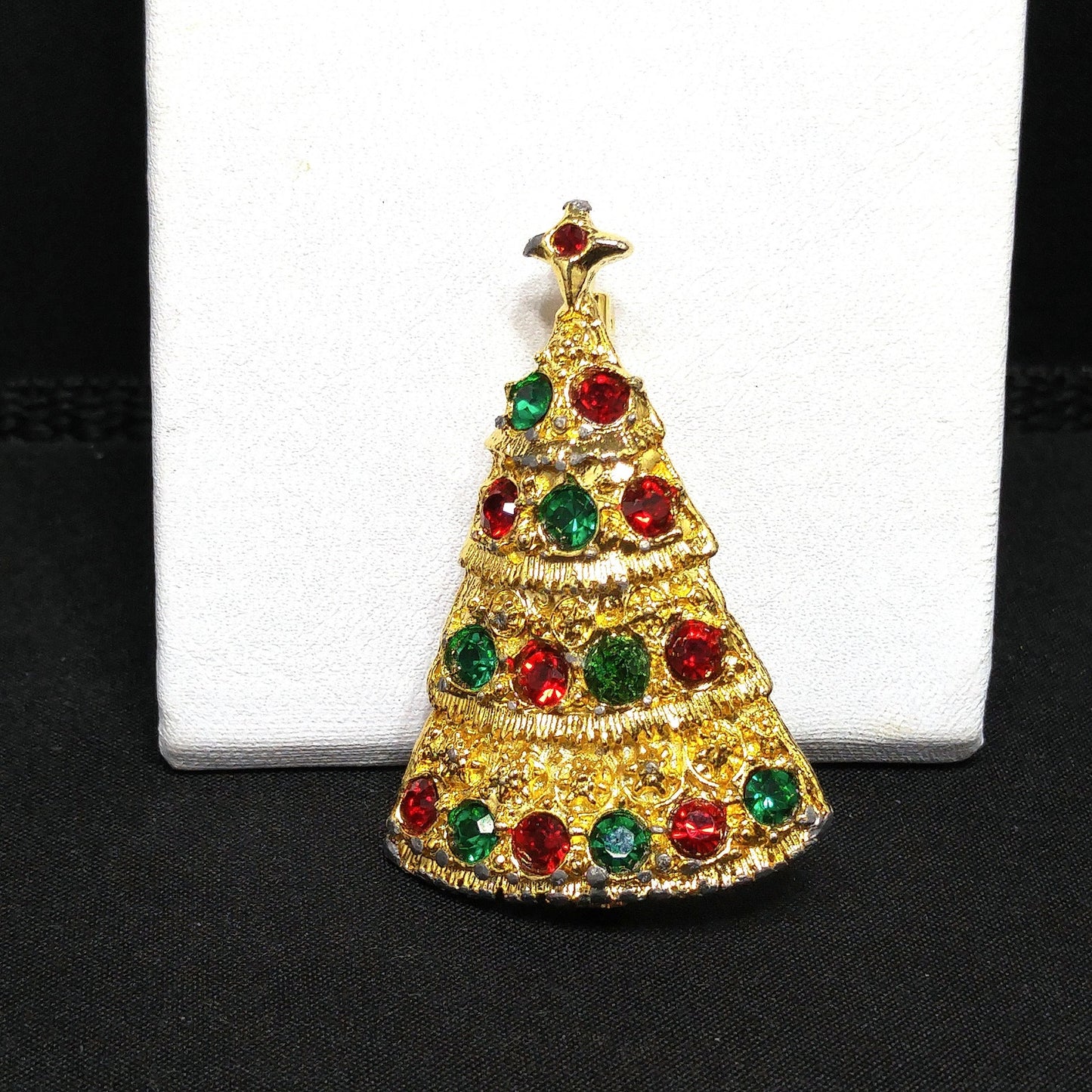 Eisenberg Ice Christmas Tree Brooch Red Green Rhinestones Gold Vintage