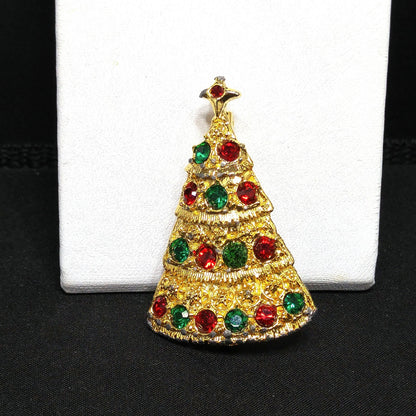 Eisenberg Ice Christmas Tree Brooch Red Green Rhinestones Gold Vintage