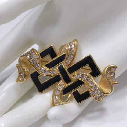 Vintage Swarovski Ribbon Brooch – Black Enamel & Clear Pavé Crystals, 1980s–1990s