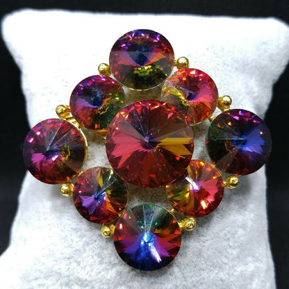 Vintage Unsigned Weiss Pink Rivoli Rhinestone Brooch, Red Blue Magenta Green Pin