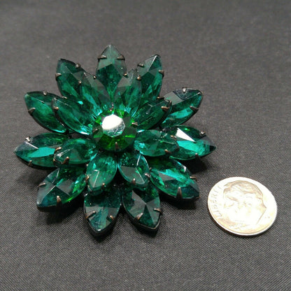 Vintage Emerald Green Rhinestones Floral Japanned Brooch, Mid-Century Flower Pin, 1950s Vintage Jewelry