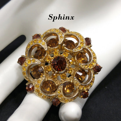 Mid-century SPHINX Light Dark Topaz Rhinestone Brooch, 1950s Vintage Jewelry