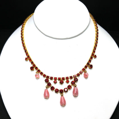 Red Rhinestone Pink Bead Choker Necklace, Gold Plated, 1950s Vintage Jewelry