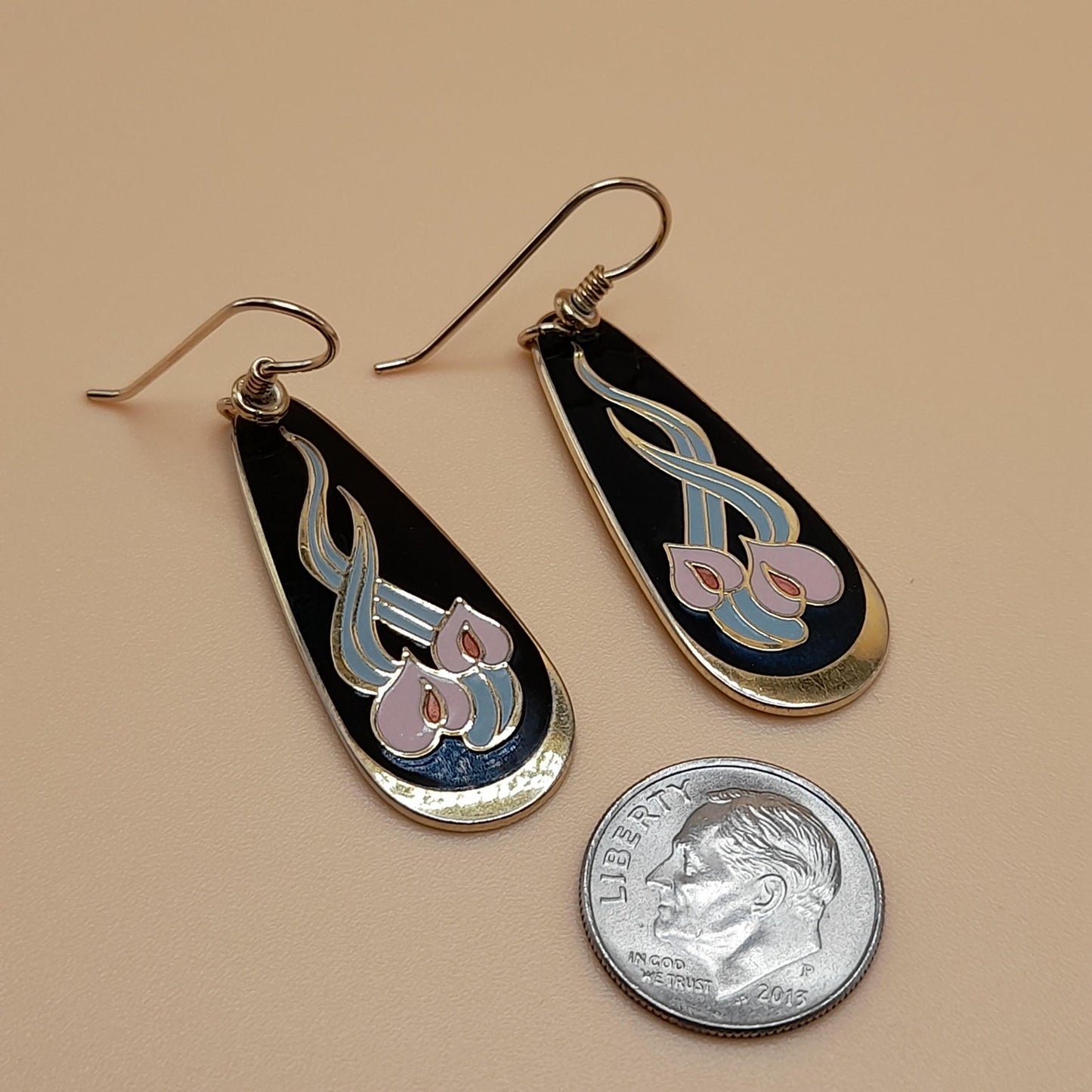 Vintage Laurel Burch "Wild Anthurium" Floral Earrings, Gold Plated, Cloisonné Enamel, 1980s Vintage Jewelry