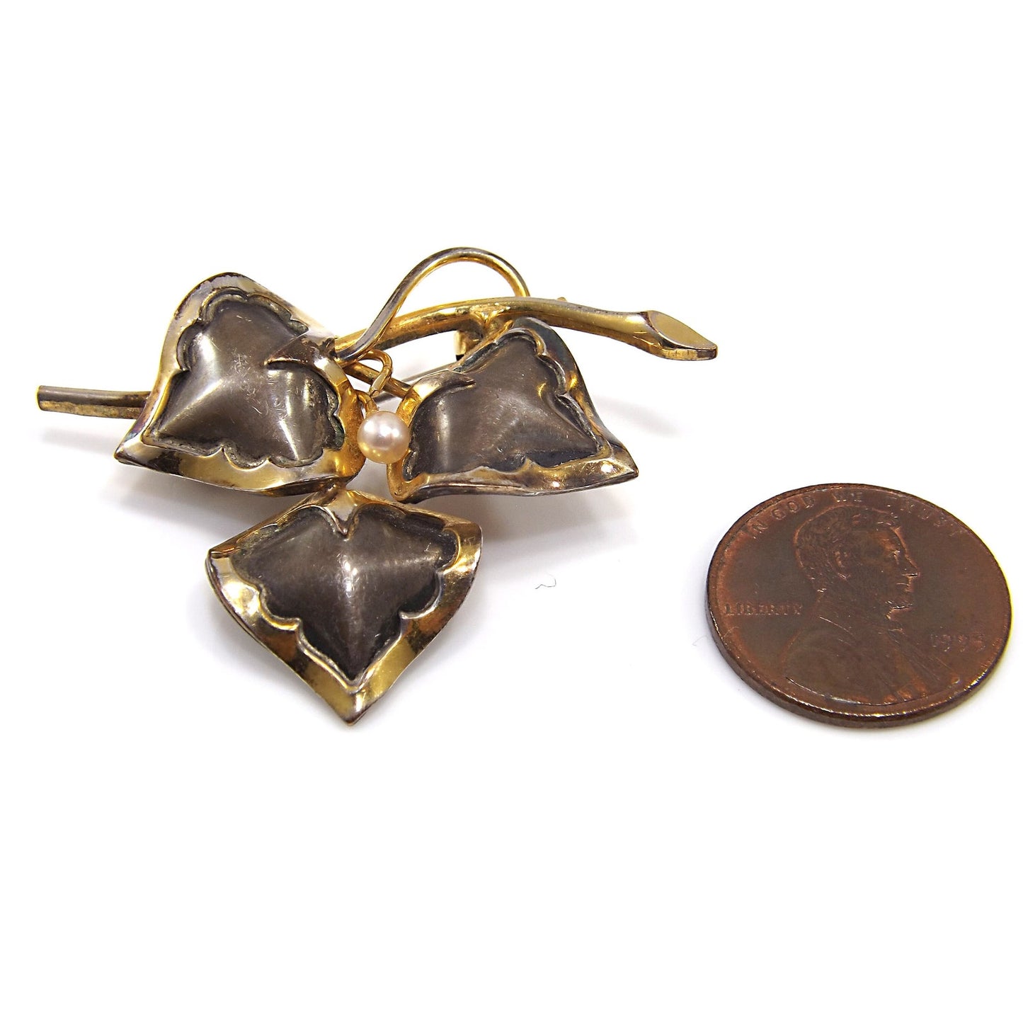 Vintage CREED Sterling Silver Floral Brooch with 12K GF & Pearl, Mid-Century
