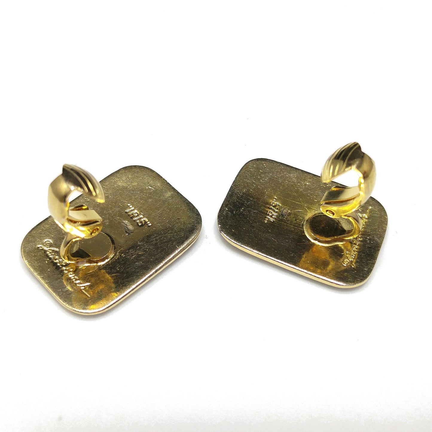 Vintage Laurel Burch "Iris" Clip On Earrings, Gold Plated Cloisonné Enamel, 1980