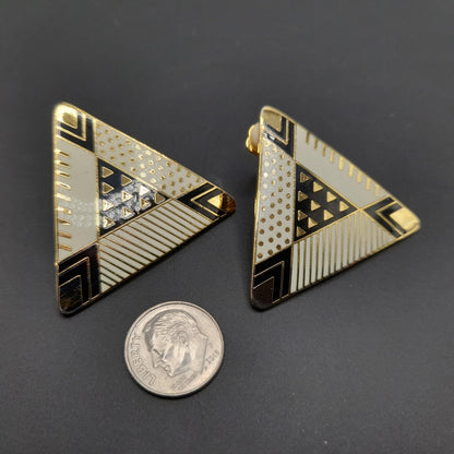 Laurel Burch Large Geometric Clip Earrings, Black White Enamel, Gold Plated, 1980s Vintage Jewelry