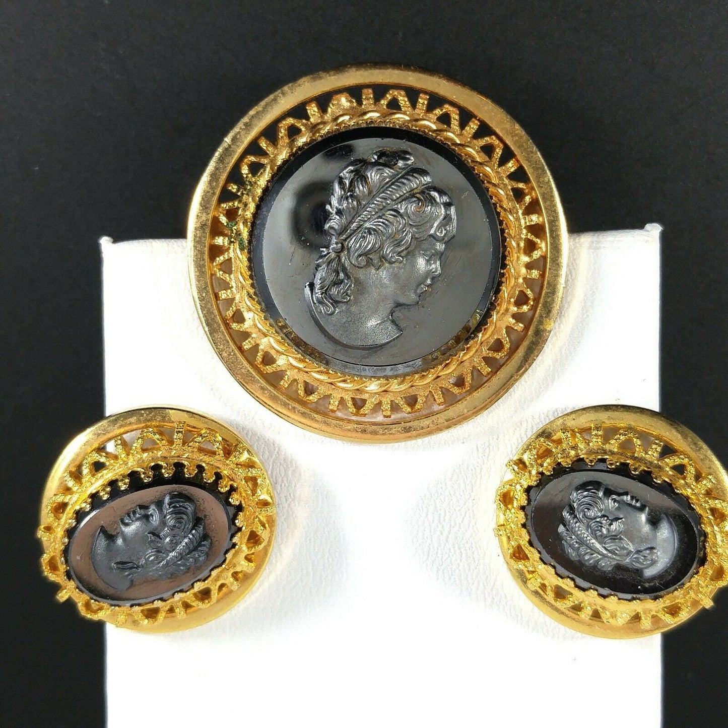 Vintage Cameo Hematite Brooch & Clip Earrings, Filigree Pin Set W Germany Style, 1950s Vintage Jewelry