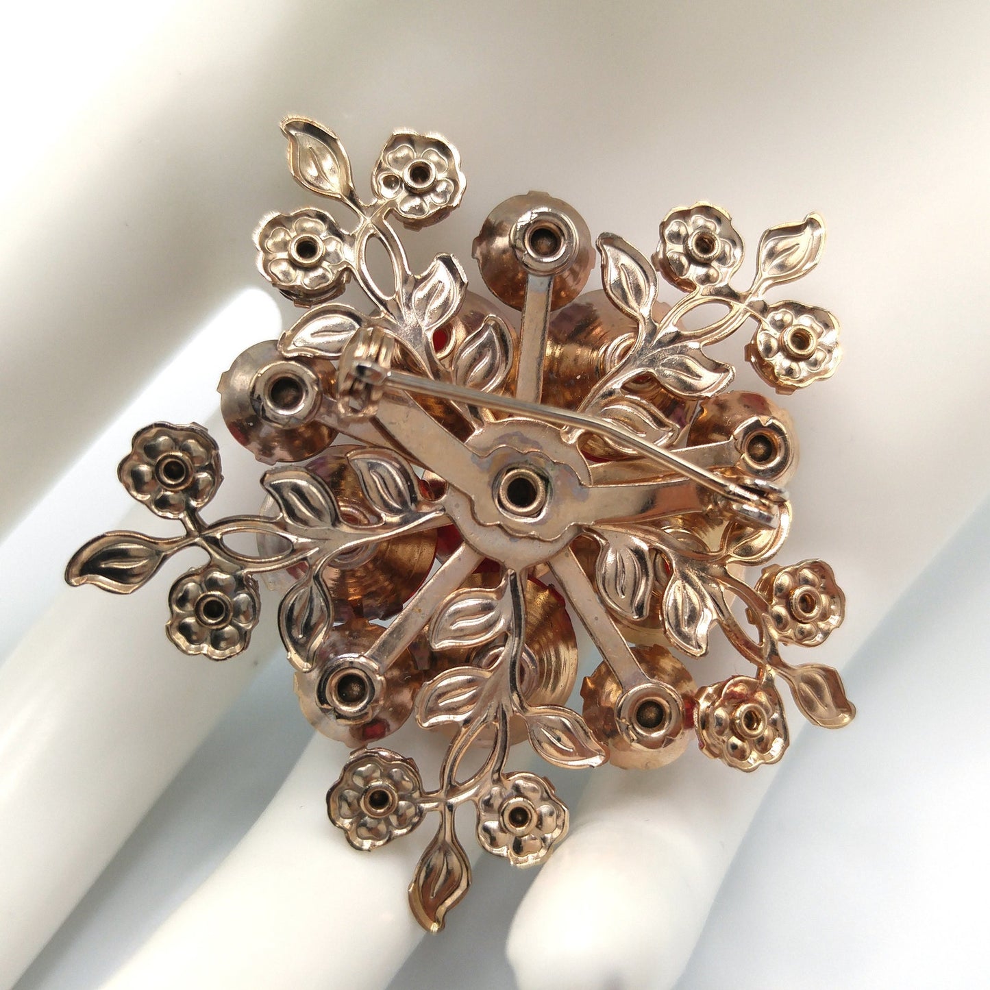 Aurora Borealis Red Pink Lavender Floral Brooch, Riveted Construction, Gold Tone, 1950s Vintage Jewelry