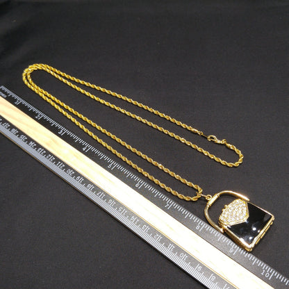 Swarovski Purse Pendant Necklace, Black Enamel & Crystal Handbag Locket, Vintage 1980s Jewelry