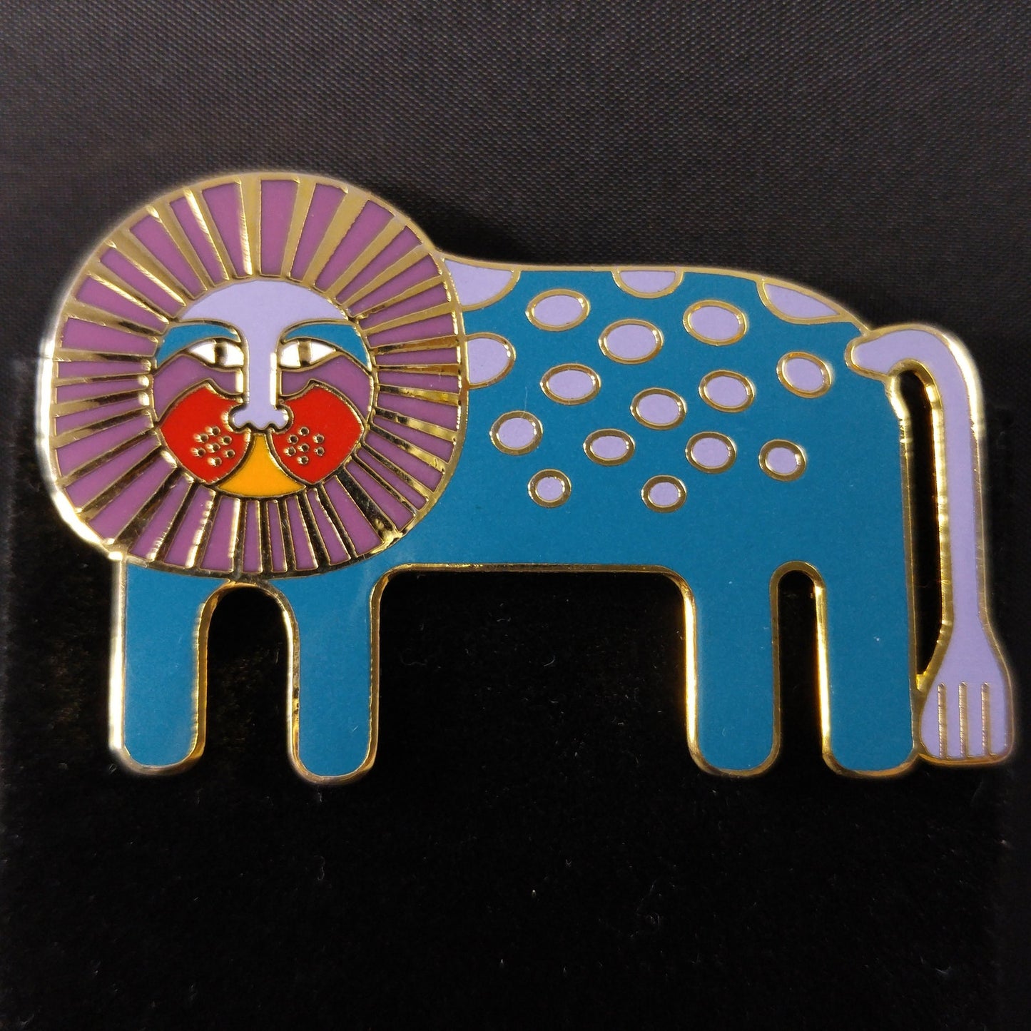 Laurel Burch "Leonardo" Brooch, Blue Enamel Gold Plated Lion, 1980s Vintage