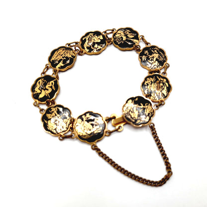 Authentic Japanese Damascene Bracelet - Vintage 6.5" Link Style - Black Gold Inlay