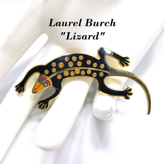 Laurel Burch Black "Lizard" Brooch, Gold Plated Cloisonne, 1980s Vintage Jewelry