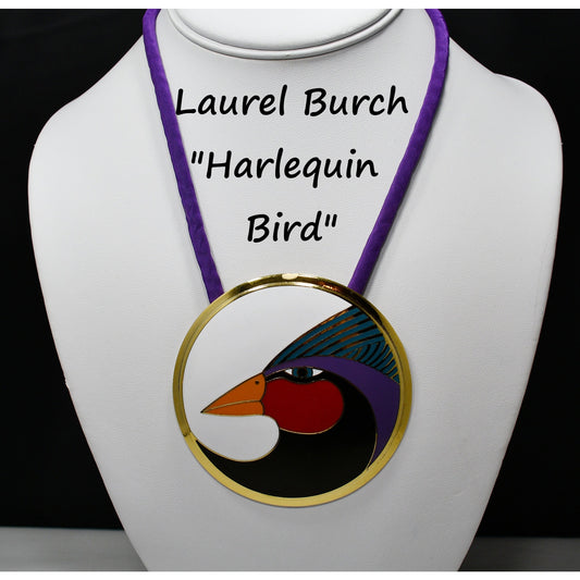 Laurel Burch "Harlequin Bird" Large Pendant Necklace, Silk Cord, 1980s Vintage Jewelry