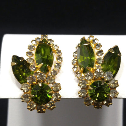 Weiss Green Clear Rhinestone Earrings, Gold Plated, 1960s Vintage Jewelry