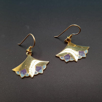 Laurel Burch "Nile Lotus" Drop Earrings, Gold Plated, Enamel Light Blue Purple, 1980s Vintage Jewelry