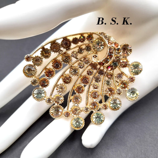 B. S. K. Mid-Century Modern Brooch, Jonquil Topaz Rhinestones, 1950s Vintage Jewelry