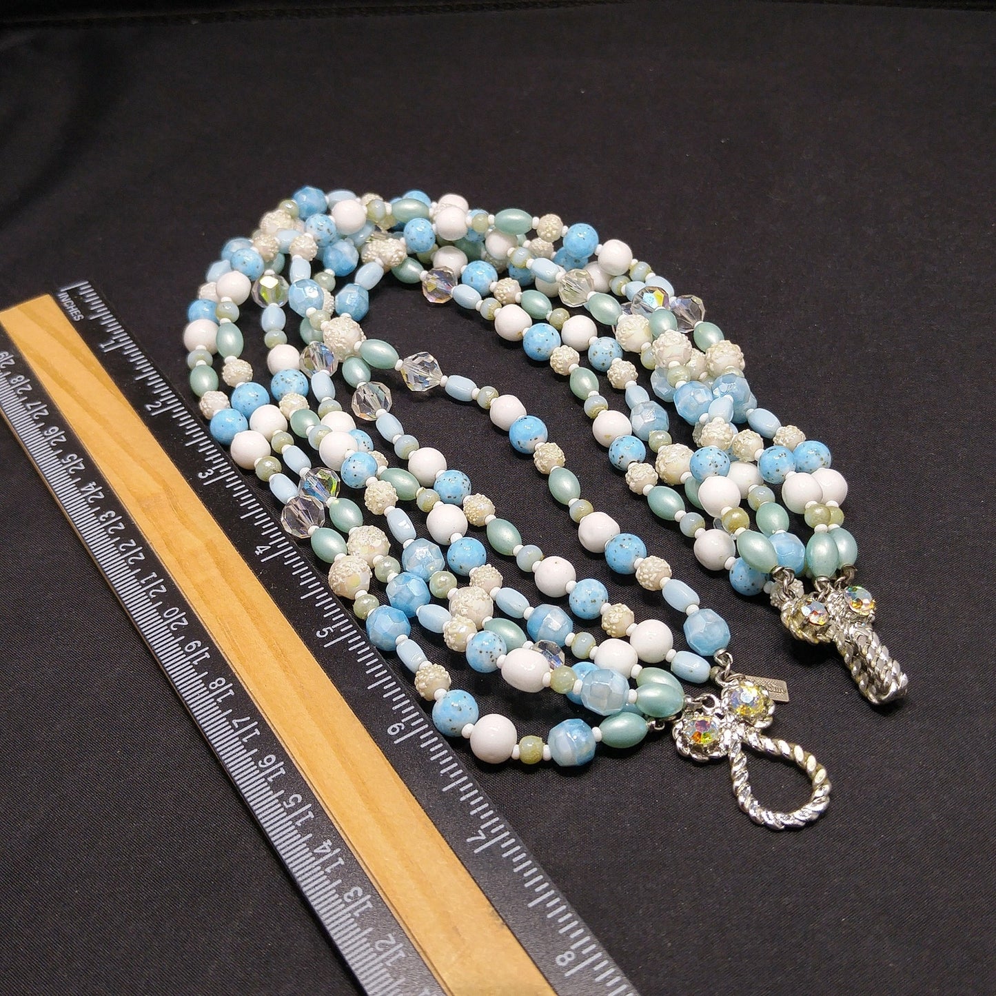 Vintage Vendome Six-Strand Blue White Glass Bead Necklace AB Crystals 1960s