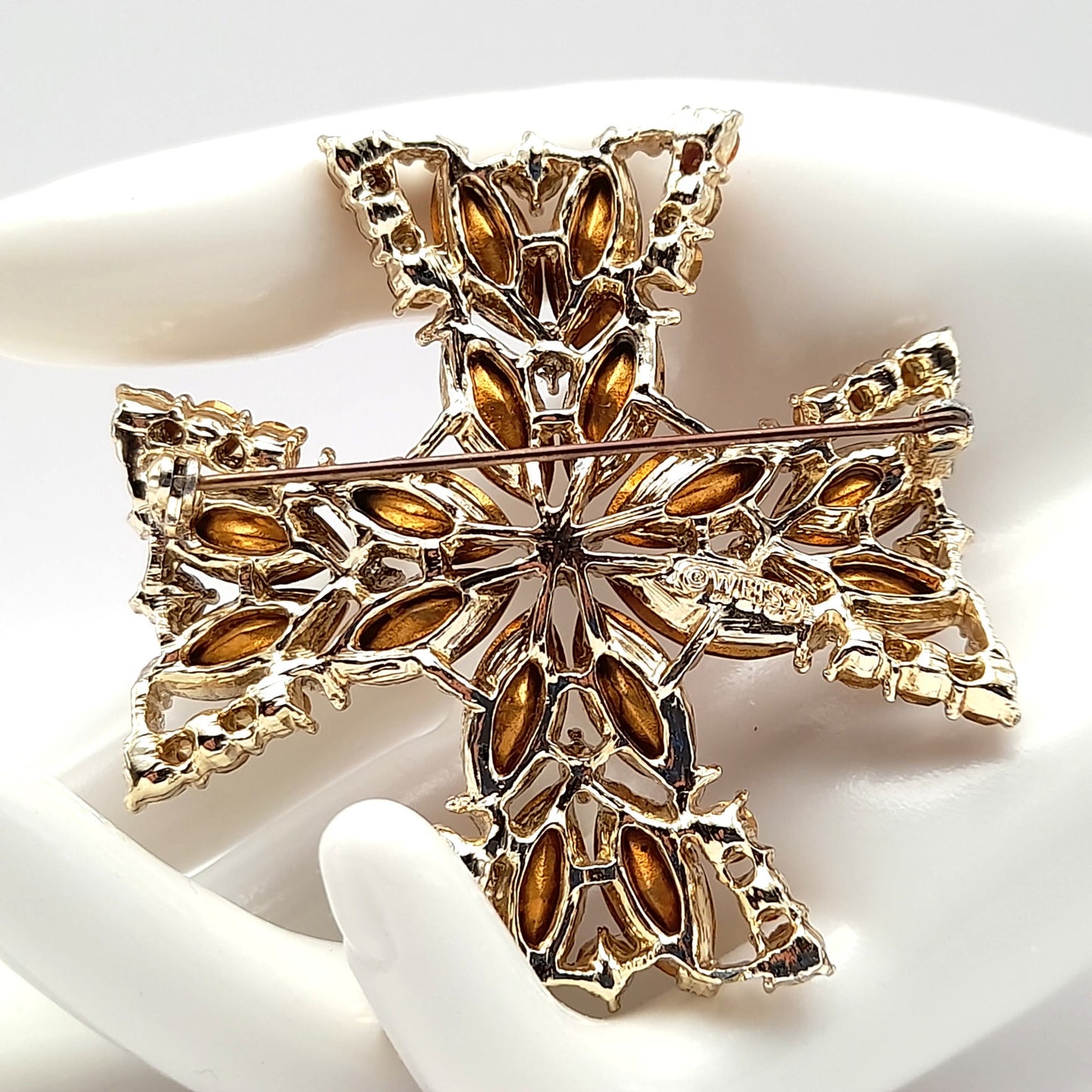 Vintage WEISS Maltese Cross Topaz Rhinestone Brooch