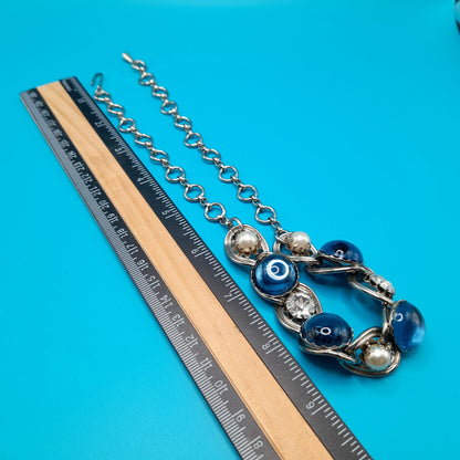 Vintage Blue Cabochon Choker Necklace, Faux Pearls, Clear Rhinestones, 1950s Vintage Jewelry