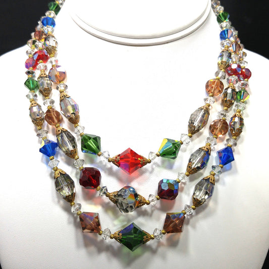 Multicolored Crystal Necklace, Three Strands, 1960s Vintage Jewelry