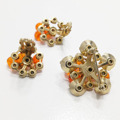 Small Aurora Borealis Brooch & Matching Earrings, Tangerine Orange Dangles, 1950