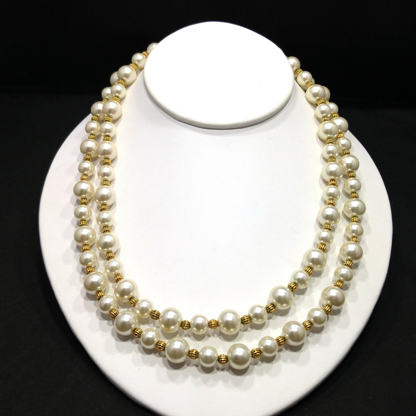 Jackie Kennedy JBK Faux Pearl Necklace – Double Strand Gold Spacers, 1980s Vintage