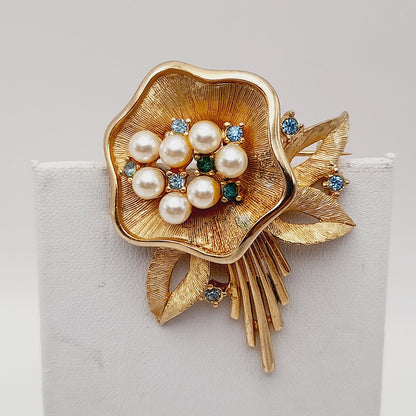Vintage Ledo 1962 Floral Brooch, Gold Plated Faux Pearl Rhinestone Pin, Signed Mid Century Jewelry