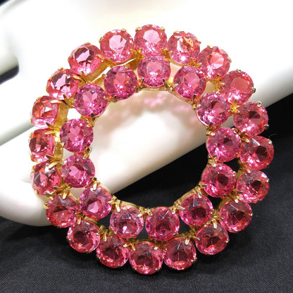 Pink Rhinestone Round Brooch, Gold Plated, Open Back Stones, 1960s Vintage Jewelry