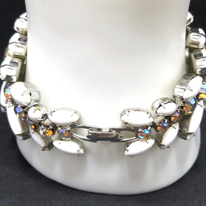 Weiss Milk Glass Bracelet, Aurora Borealis, Rhodium, 1960s Vintage Jewelry