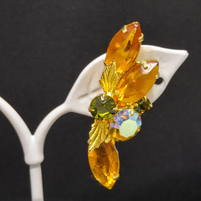 Light Topaz Green Rhinestone Brooch Earrings Set, Gold Plated, 1960s Vintage Jewelry