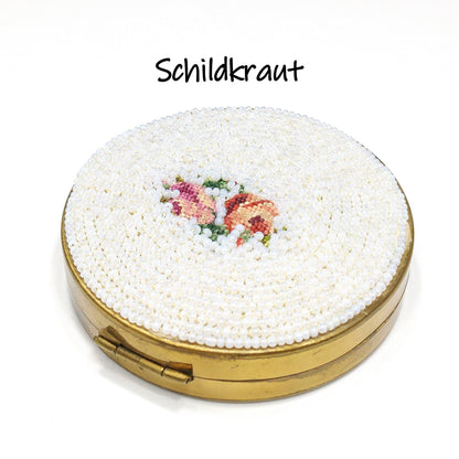 Vintage White Beaded Petitpoint Compact, Schildkraut, Coty Powder, 1950s Vintage Accessory
