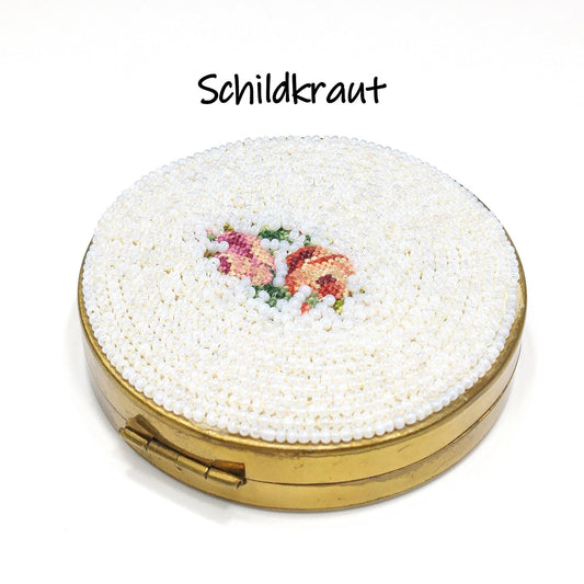 Vintage White Beaded Petitpoint Compact, Schildkraut, Coty Powder, 1950s Vintage Accessory