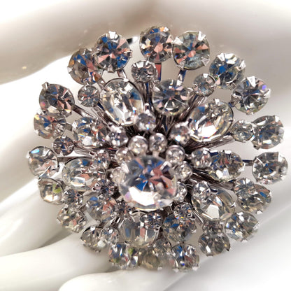 Clear Rhinestone Round Brooch Clip Earrings Set, Wedding Holiday Jewelry, 1950s Vintage Jewelry