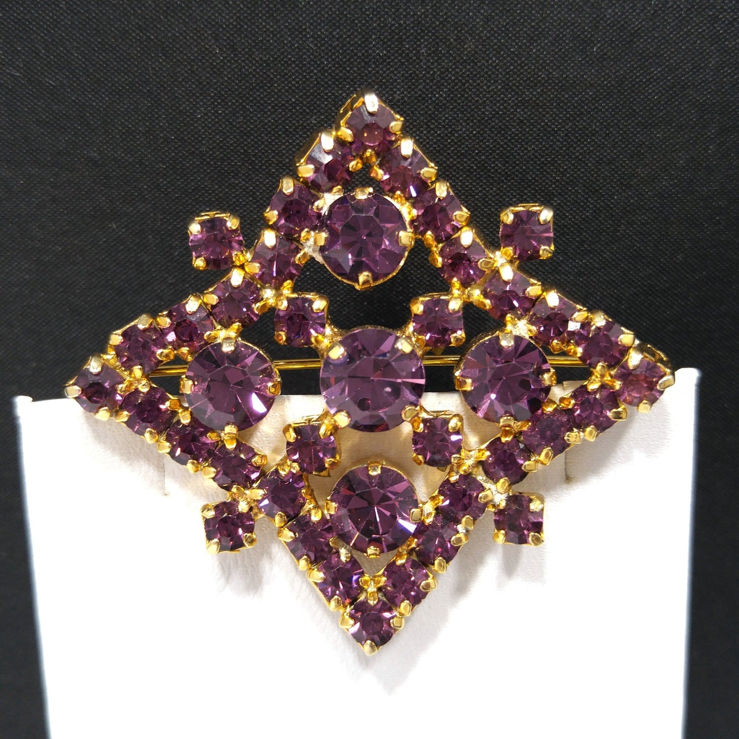 Kramer of New York Purple Rhinestone Brooch, Gold Plated, 1960s Vintage Jewelry