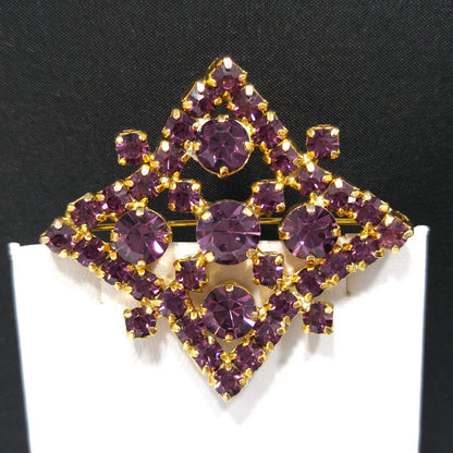 Kramer of New York Purple Rhinestone Brooch, Gold Plated, 1960s Vintage Jewelry