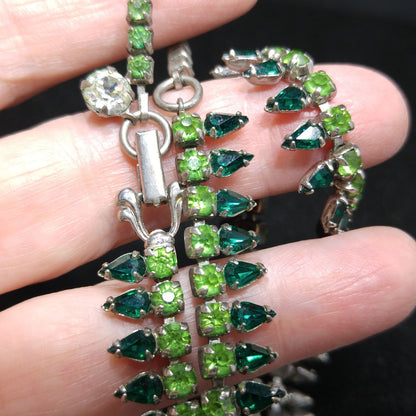 Sherman 1950s Green Rhinestone Choker Necklace | Emerald & Peridot Vintage Aurora Glass | Mid-Century Uranium Glass Jewelry