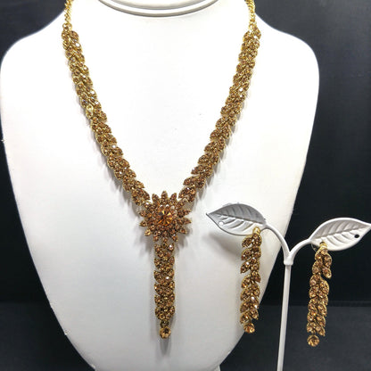 Light Topaz Rhinestone Necklace Post Earrings Set, Gold Plated, 1990s Vintage Jewelry